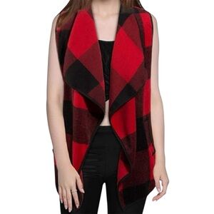 Buffalo Plaid Open Front Sleeveless Vest Cardigan Red & Black Check by Mannice